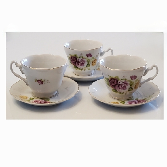(3) Pink & Yellow Roses Porcelain Teacups & Saucers with Gold Trim - Picture 7 of 11